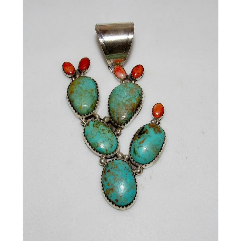 Navajo Prickly Pear Cactus Pendant Sterling Silver Turquoise Red Spiny Oyster (1 of 3)