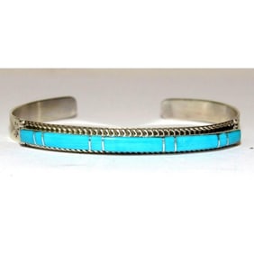 Zuni Turquoise Inlay Stacker Cuff Bracelet Sterling Native American Signed