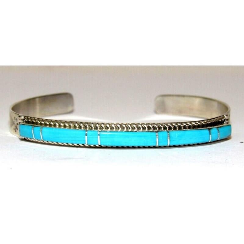 Zuni Turquoise Inlay Stacker Cuff Bracelet Sterling Native American Signed (1 of 5)