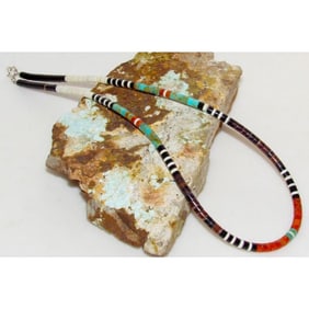 Santo Domingo Rolled Shell Orange Spiny & Turquoise Heishi Choker Necklace 16"L