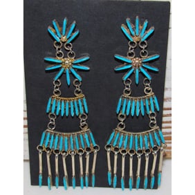 Zuni Needlepoint Turquoise Dangle Statement Earrings Sterling Silver 3"