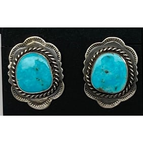 Navajo Kingman Turquoise Post Earrings P. Skeets Sterling Silver Native American