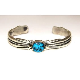 Navajo Kingman Turquoise Stacker Cuff Bracelet Sterling C & W Begay