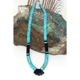 Santo Domingo Kingman Black Onyx Heishi Necklace Lupe Lovato