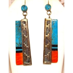 VTG Navajo Orange Spiny & Turquoise Dangle Earrings Sterling Silver E. Jackson