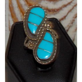 VTG Zuni Turquoise Inlay Sterling Silver Ring Sz. 6 Faye Lowasayatee