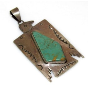 VTG Navajo Thunderbird Pendant Ingot Sterling Silver Royston Turquoise