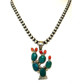 Navajo Prickly Pear Cactus Pendant Sterling Turquoise Red Spiny Navajo Pearls