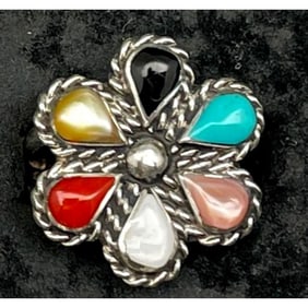 Zuni Cluster Ring Sz 6.5 Sterling Silver Turquoise Coral Spiny MOP