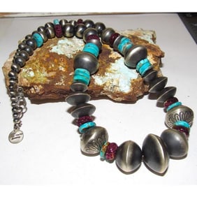 Sterling Navajo Pearls Purple Spiny & Turquoise 18?? Signed Rose Martin