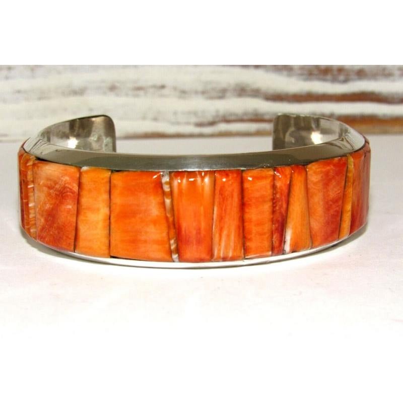 Navajo Spiny Oyster Cobblestone Inlay Cuff Bracelet Sterling (1 of 4)