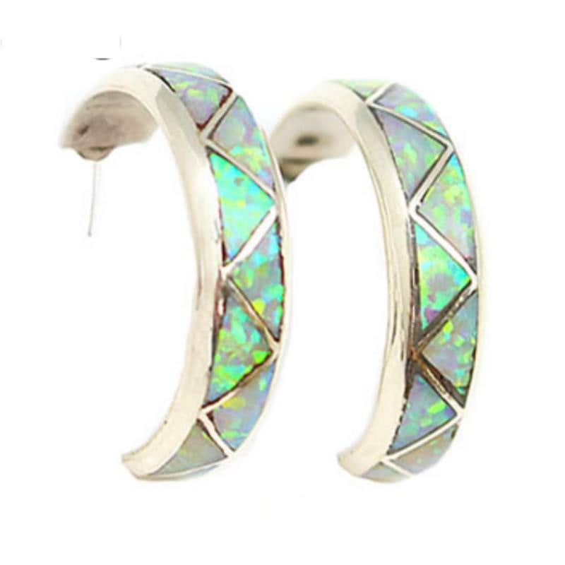 Zuni Opal Inlay Hoop Earrings 1/2?? Diameter Sterling Silver (1 of 4)
