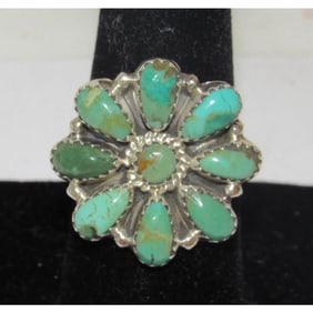 Navajo Green Turquoise Cluster Ring Sz 7 Sterling Silver
