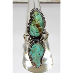 Zuni Carved Turquoise Leaf Ring Size 7.5 Sterling Silver Native American Signed