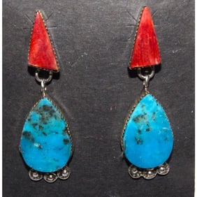 Navajo Red Spiny & Kingman Turquoise Dangle Earrings Sterling Native American