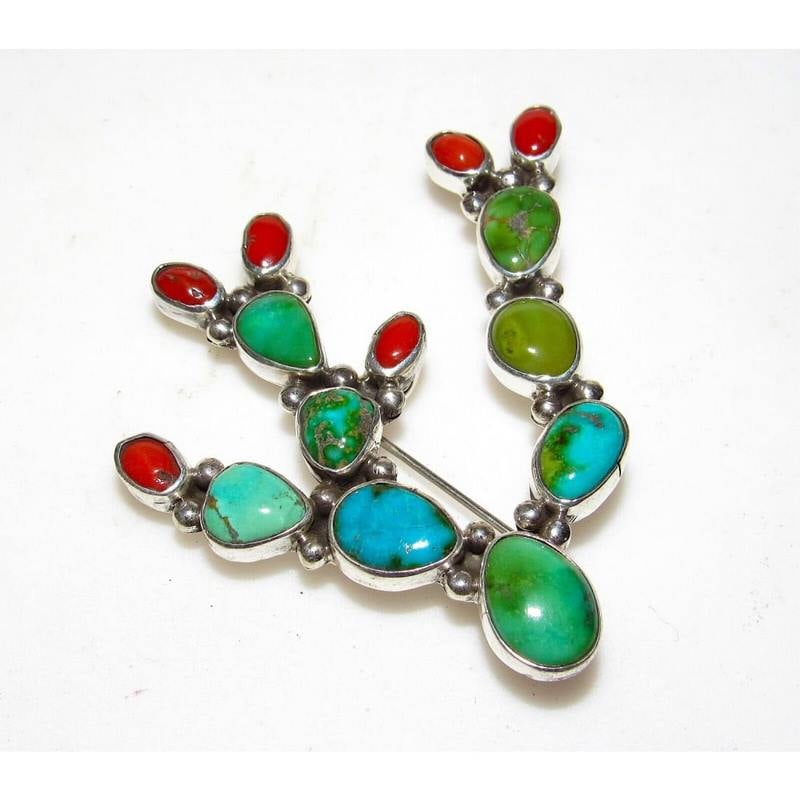 Navajo Prickly Pear Cactus Pendant Sterling Silver Turquoise Red Spiny Pin