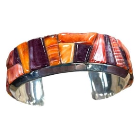 Navajo Cobble Stone Inlay Bracelet Purple Red Orange Spiny Sterling B Brown