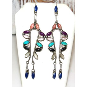 VTG Zuni Earrings Petit Point Turquoise Sugilite Lapis Dangles Sterling Silver