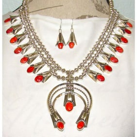 Navajo Orange Spiny Squash Blossom Necklace & Earrings Set Sterling
