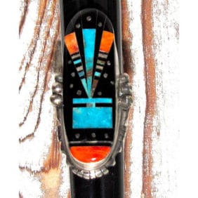 Navajo Ray Jack Inlay Turquoise Atomic Kachina Sterling Silver Ring Size 8