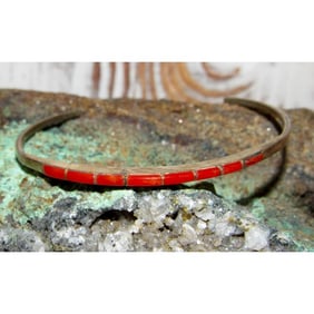 Old Pawn Zuni Coral Inlay Stacker Cuff Bracelet Sterling Silver