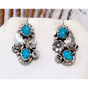 Navajo Kingman Turquoise Post Earrings Sterling Silver Native American Signed