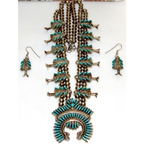 VTG Zuni Squash Blossom Necklace Sleeping Beauty Turquoise Necklace Earrings Sterling Silver