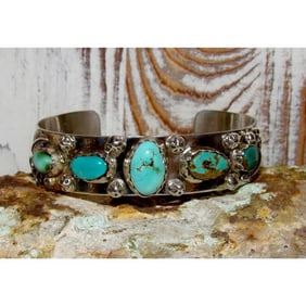 Navajo Royston Turquoise Stacker Cuff Bracelet Sterling Silver Native Signed