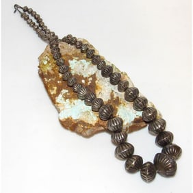 VTG Navajo Pearls Necklace Sterling Silver Stamped Fluted Beads 22"L