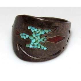 Old Pawn Navajo Ring Sz 8 William Singer Sterling Coral Turquoise Inlay