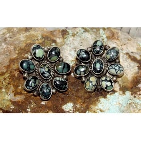 Navajo Black Jack Turquoise Cluster Earrings B. Lee Sterling Silver