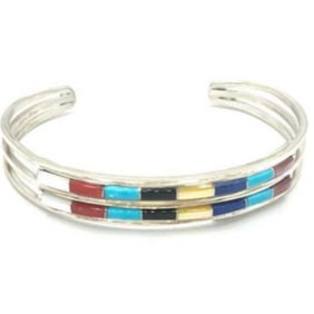 Zuni Turquoise Coral  Inlay Stacker Cuff Bracelet Sterling A. Wallace