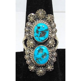Navajo Kingman Turquoise Statement Ring Sz 7 Sterling Silver Signed