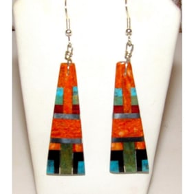 Santo Domingo Spiny Turquoise Jet Inlay Earrings Sterling Silver O Crispin 2"L