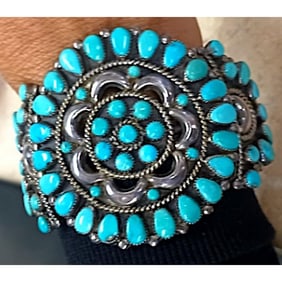 Old Pawn Navajo Turquoise Cluster & Sterling Silver Cuff Bracelet Native Vintage