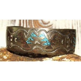 VTG Navajo Sterling Silver Turquoise Coral Inlay Statement Bracelet J Yazzie