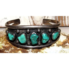 Old Pawn Navajo Cerillos Turquoise Cuff Bracelet Sterling Silver Native American