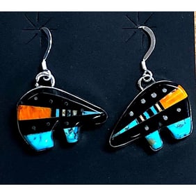 Navajo Ray Jack Turquoise Coral Jet Inlay Bear Earrings Native Signed