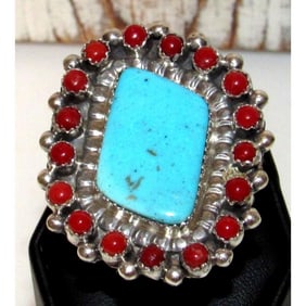 Navajo Turquoise Coral Cluster Ring Size 9 Sterling Silver Signed Native