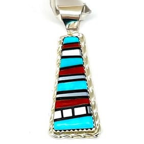 Zuni Turquoise Coral Stone Inlay Pendant Sterling Silver Victor Martza