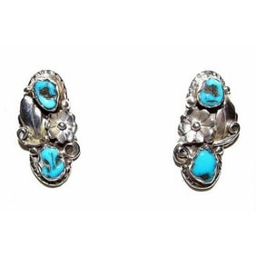 Navajo Kingman Turquoise Post Earrings Sterling Silver Native American Signed
