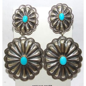 Navajo Statement Concho Earrings Sterling Silver Sleeping Beauty Turquoise 3"L