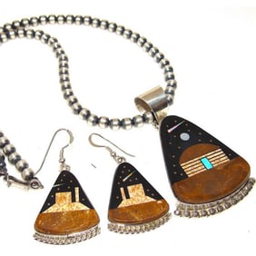 Navajo Calvin Desson Inlay Jet Turquoise Opal Earrings Pendant Set Navajo Pearls