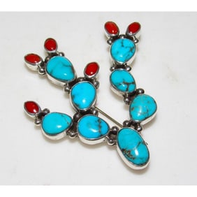 Navajo Prickly Pear Cactus Pendant Sterling Silver Turquoise Red Spiny Pin