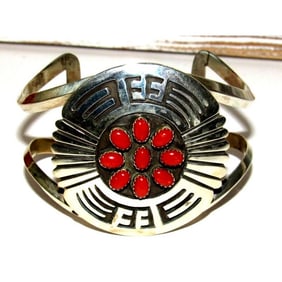 Huge Navajo Coral Cluster Bracelet Sterling Silver Rosco Scott 7" Wrist