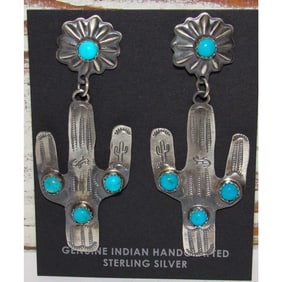 Navajo Saguaro Cactus Earrings Sterling Silver Turquoise Concho Earrings