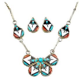 Zuni Inlay Butterfly Necklace Earrings Set Carol Niiha Turquoise Coral MOP