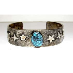 Navajo Spiderweb Kingman Turquoise Tufa Cast Sterling Stars Design Bracelet 7"