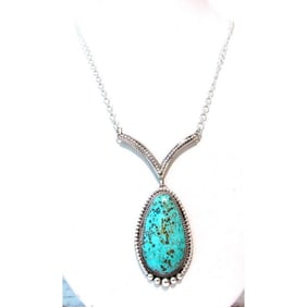Navajo Royston Turquoise Bar Drop Necklace Sterling Silver Sheila Tso