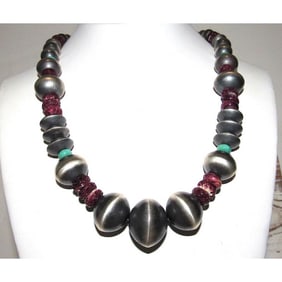 Navajo Sterling Silver Bead Necklace With Turquoise & Purple Spiny Oyster